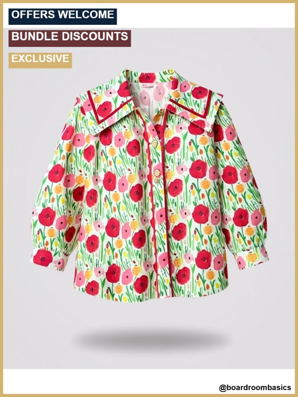 Womens Floral Button Down Shirt 3/4 Lantern Sleeve Square Neck Collared Blouse